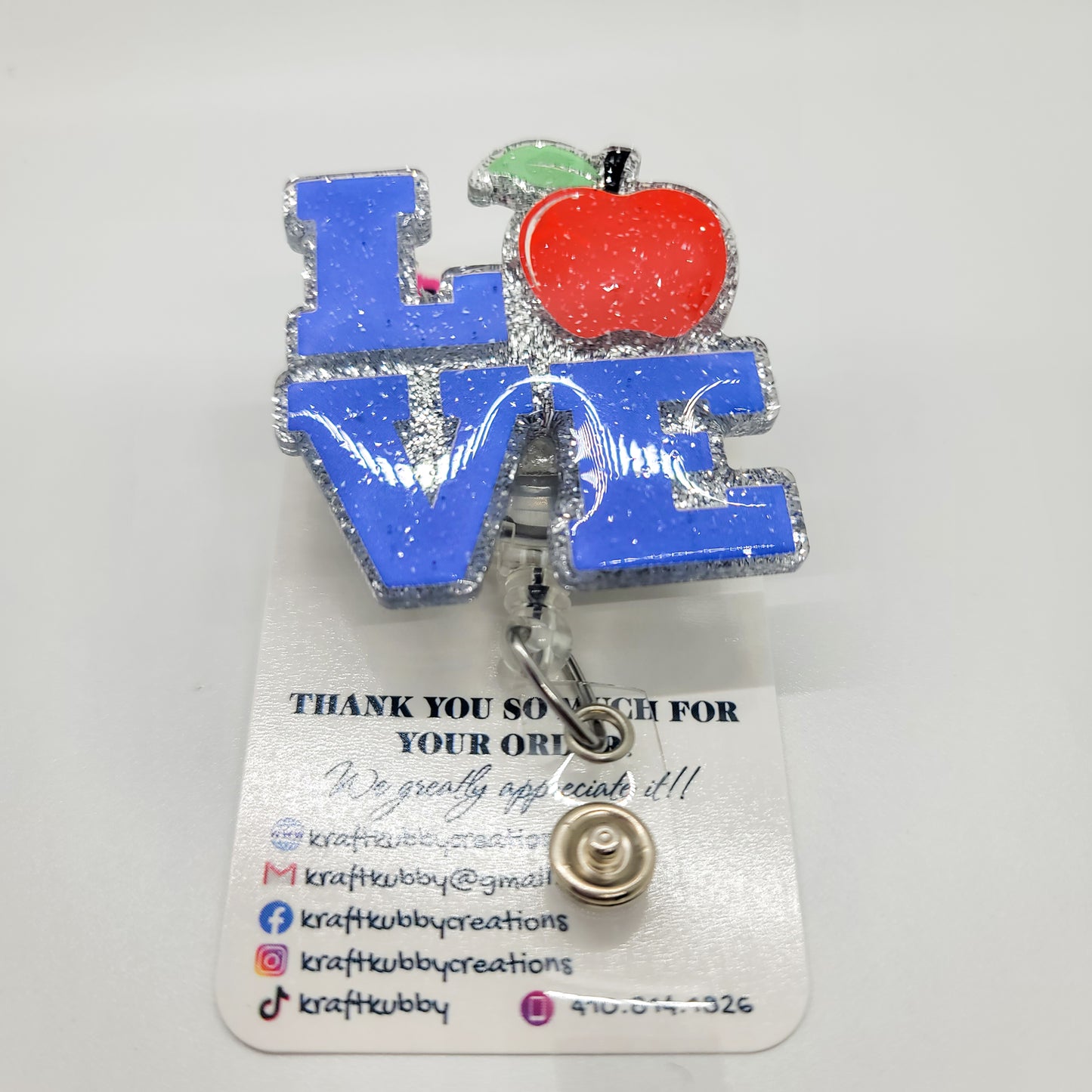 Love Apple- Acrylic Badge Reel - 2 inch Retractable Badge Reel - Interchangeable