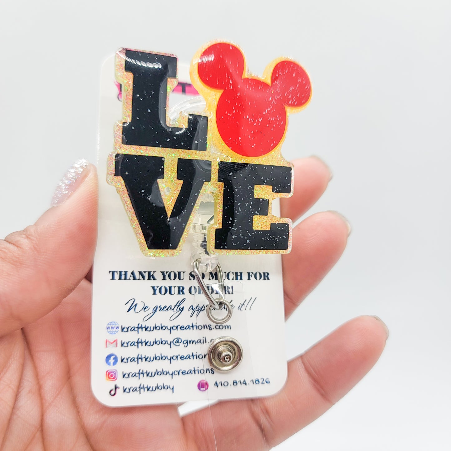 Love Mouse Ears- Acrylic Badge Reel - 2 inch Retractable Badge Reel - Interchangeable