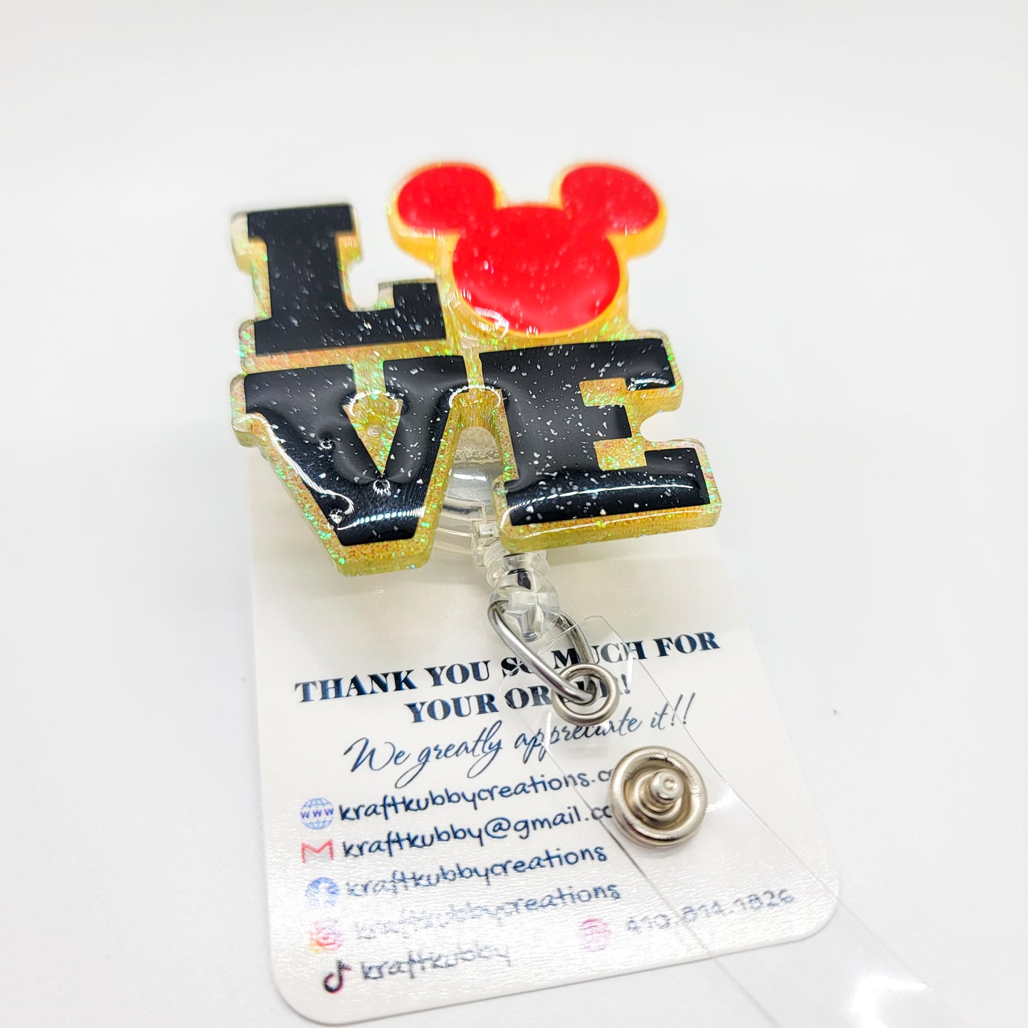 Love Mouse Ears- Acrylic Badge Reel - 2 inch Retractable Badge Reel - Interchangeable