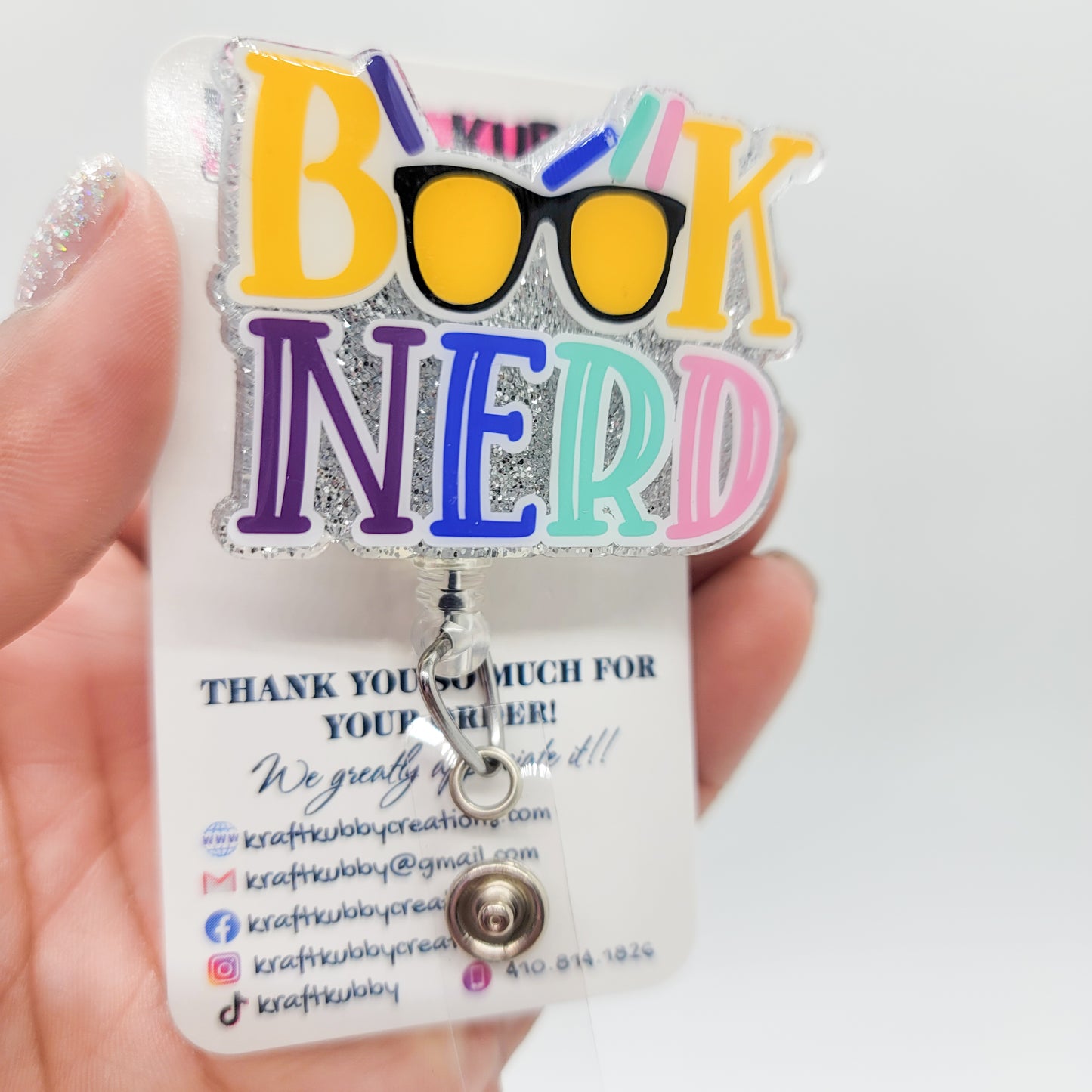 Book Nerd - Acrylic Badge Reel - 2 inch Retractable Badge Reel - Interchangeable