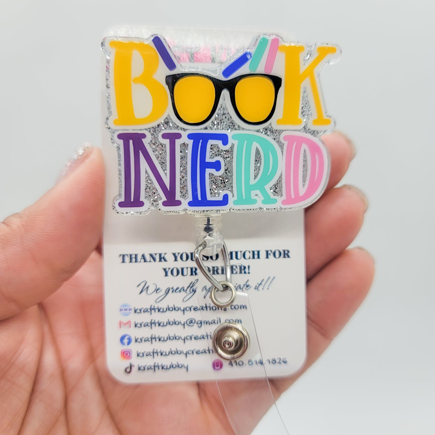 Book Nerd - Acrylic Badge Reel - 2 inch Retractable Badge Reel - Interchangeable