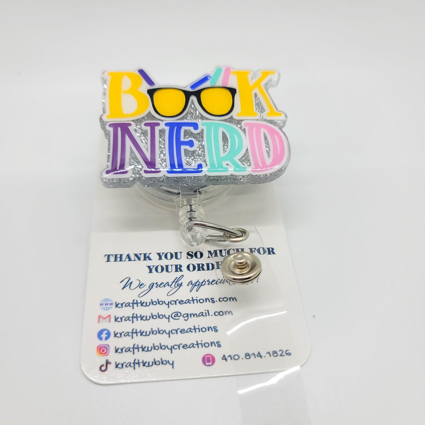 Book Nerd - Acrylic Badge Reel - 2 inch Retractable Badge Reel - Interchangeable