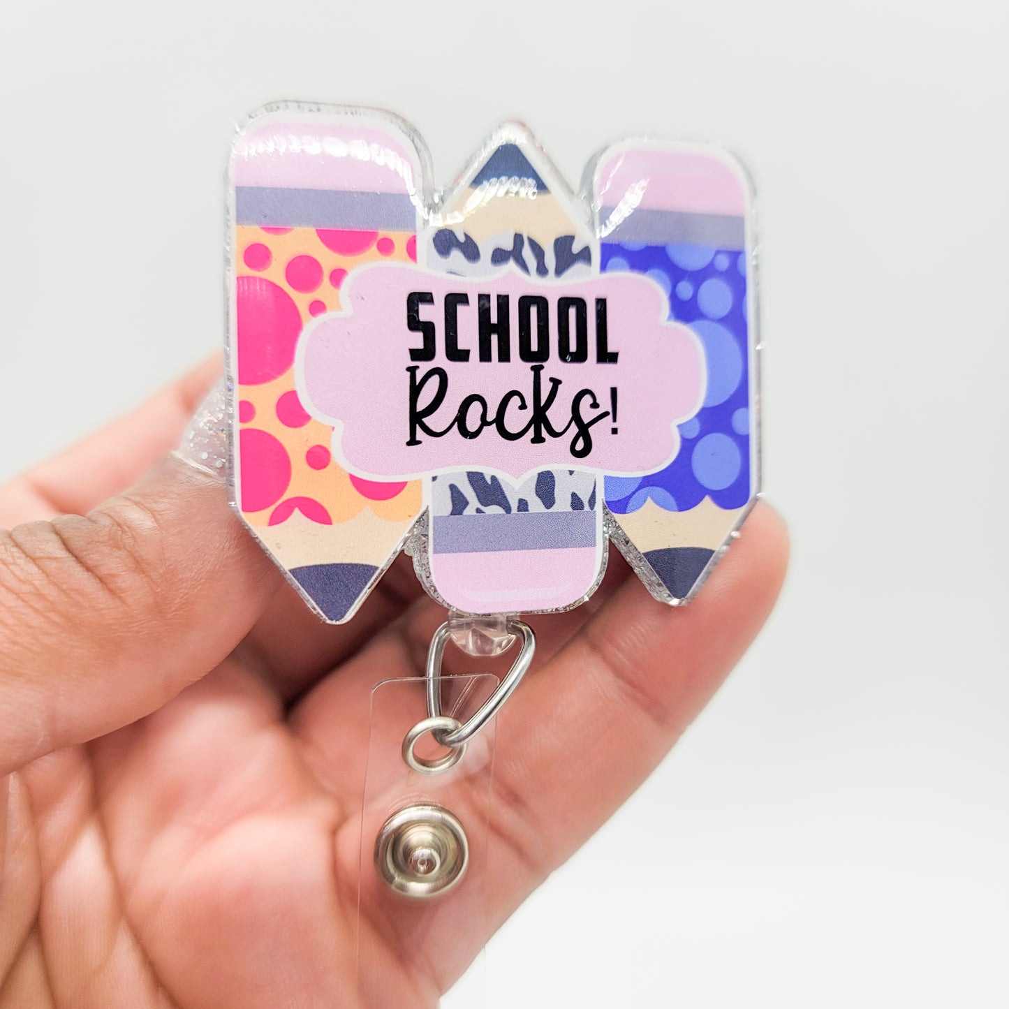 School Rocks- Acrylic Badge Reel - 2 inch Retractable Badge Reel - Interchangeable