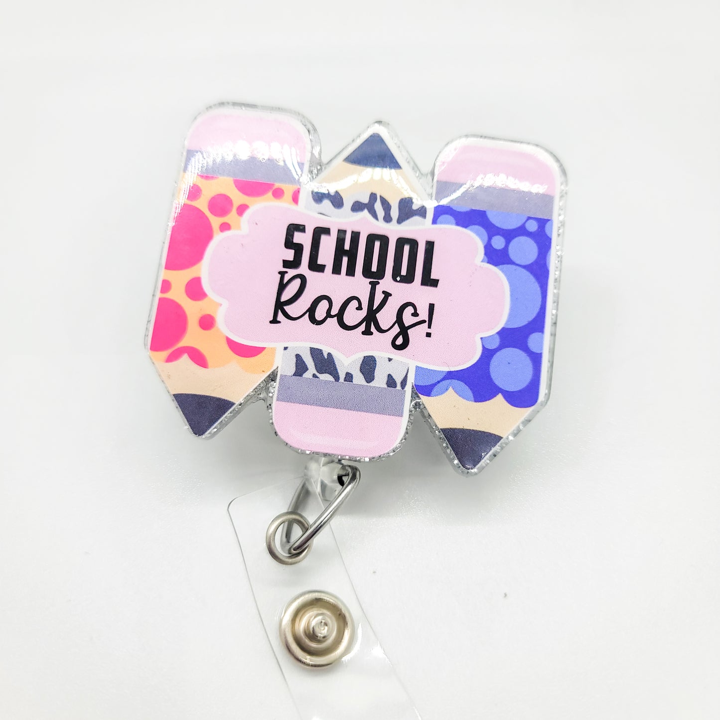 School Rocks- Acrylic Badge Reel - 2 inch Retractable Badge Reel - Interchangeable