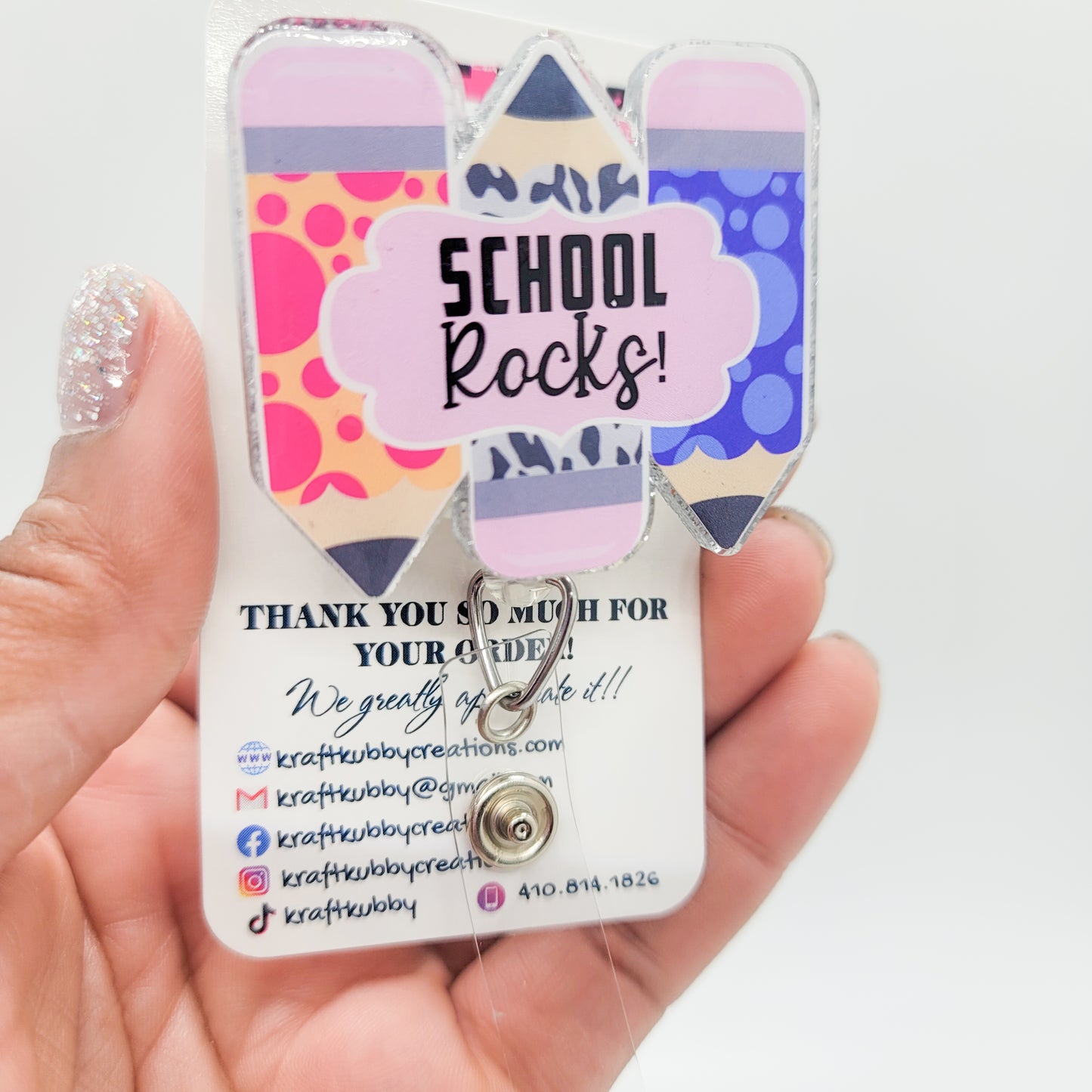 School Rocks- Acrylic Badge Reel - 2 inch Retractable Badge Reel - Interchangeable