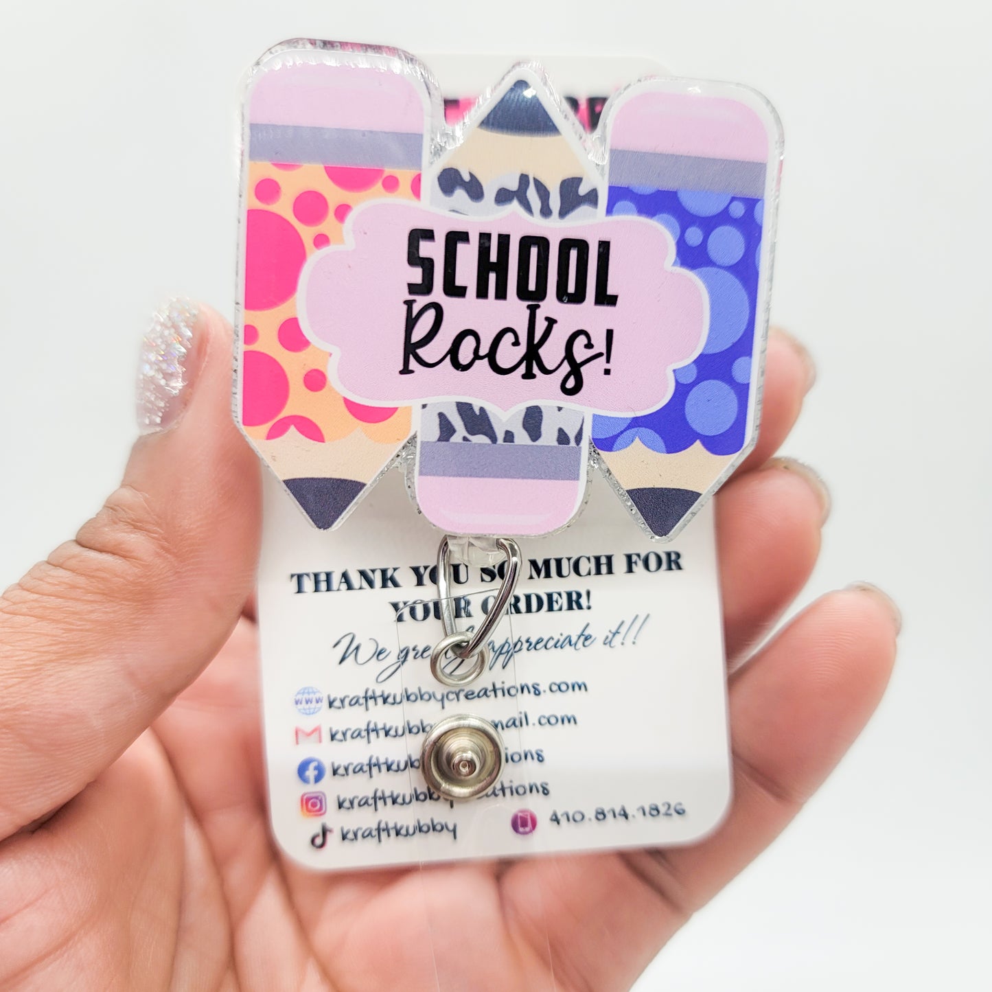 School Rocks- Acrylic Badge Reel - 2 inch Retractable Badge Reel - Interchangeable