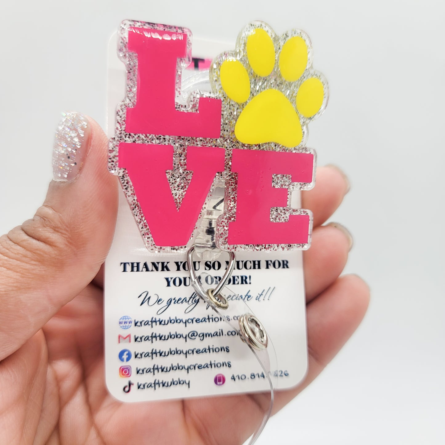 Love Paw- Acrylic Badge Reel - 2 inch Retractable Badge Reel - Interchangeable