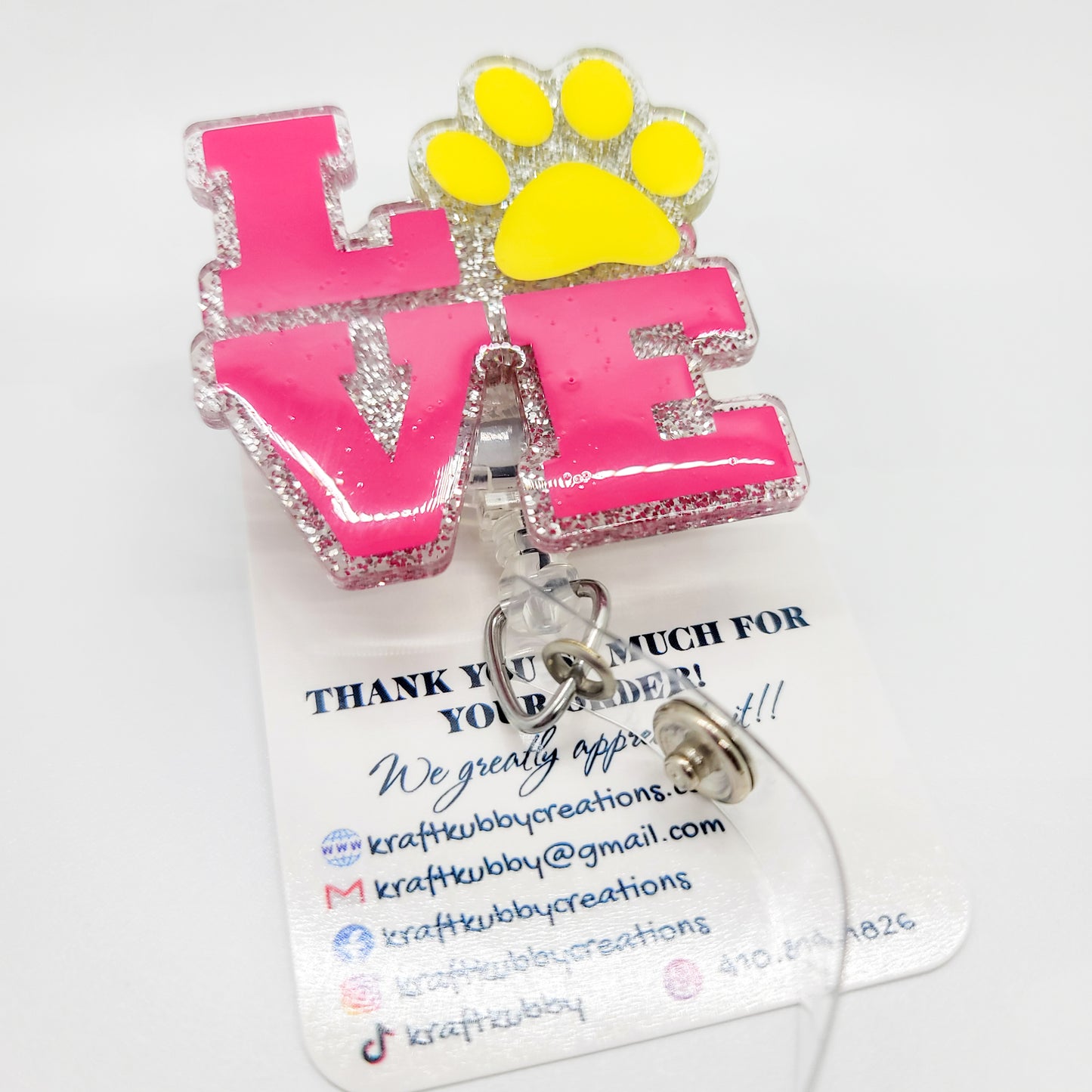 Love Paw- Acrylic Badge Reel - 2 inch Retractable Badge Reel - Interchangeable