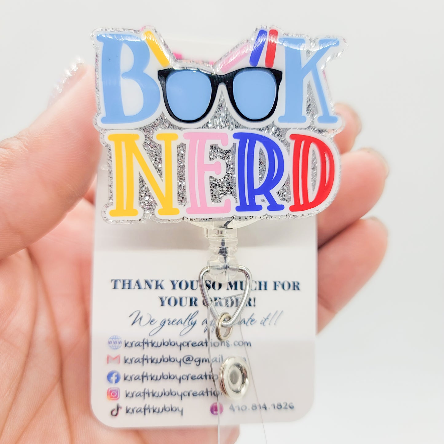 Book Nerd - Acrylic Badge Reel - 2 inch Retractable Badge Reel - Interchangeable