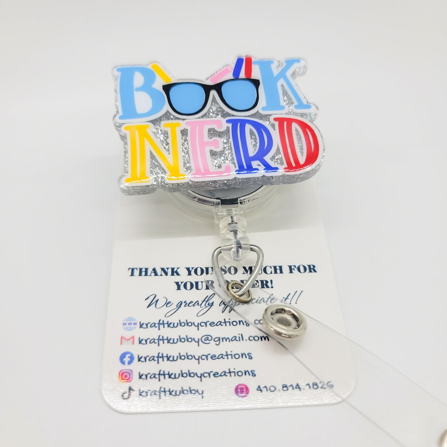 Book Nerd - Acrylic Badge Reel - 2 inch Retractable Badge Reel - Interchangeable