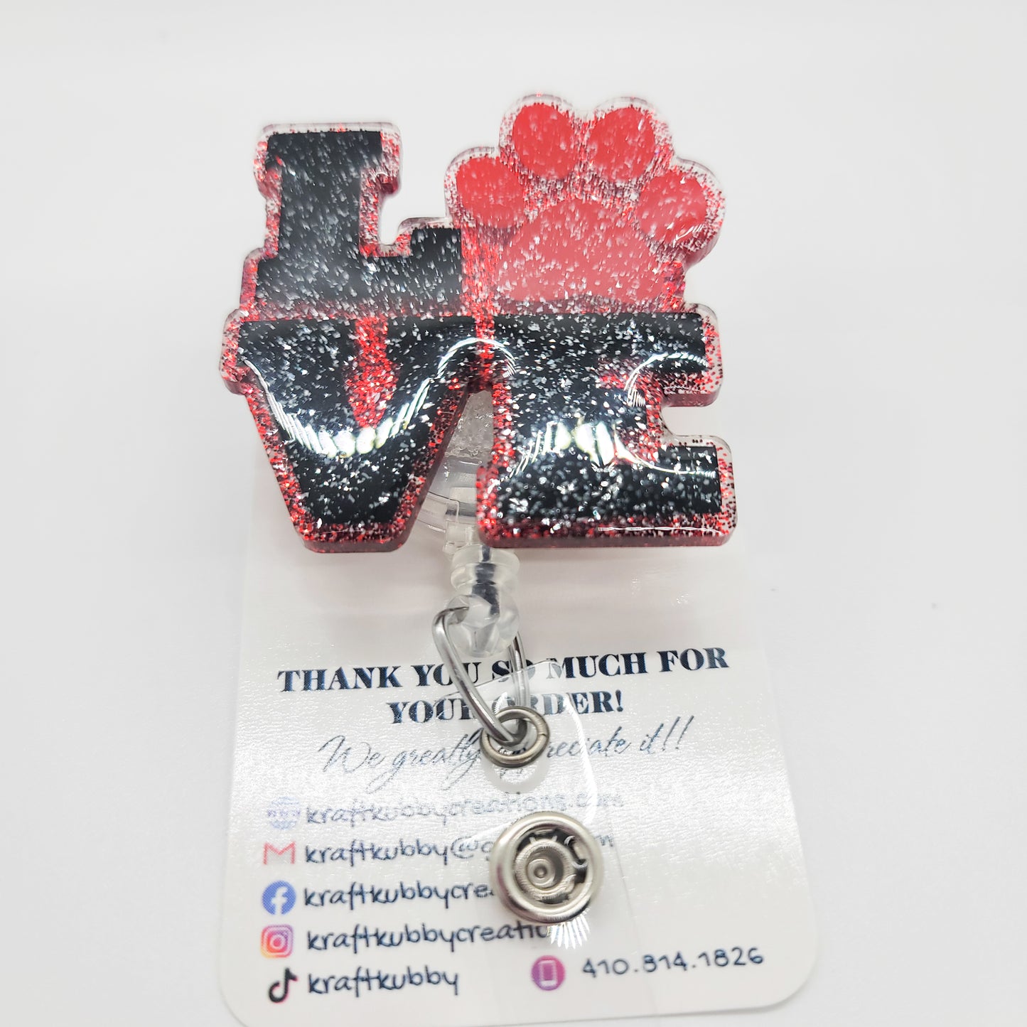 Love Paw- Acrylic Badge Reel - 2 inch Retractable Badge Reel - Interchangeable