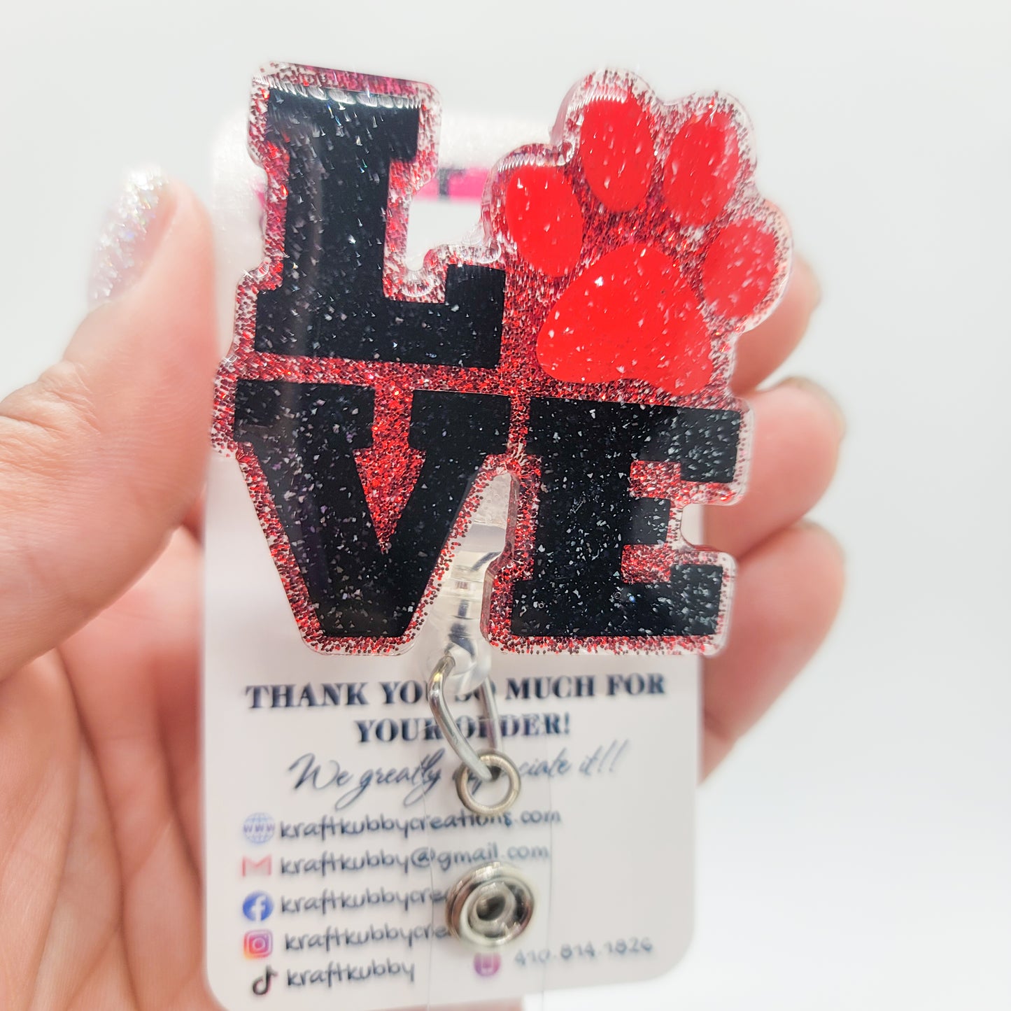 Love Paw- Acrylic Badge Reel - 2 inch Retractable Badge Reel - Interchangeable