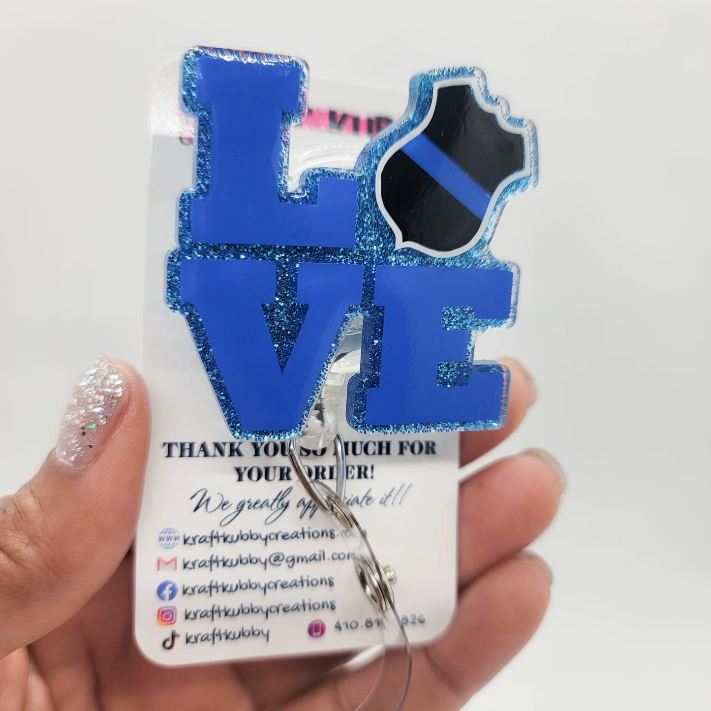 Love Police Badge- Acrylic Badge Reel - 2 inch Retractable Badge Reel - Interchangeable